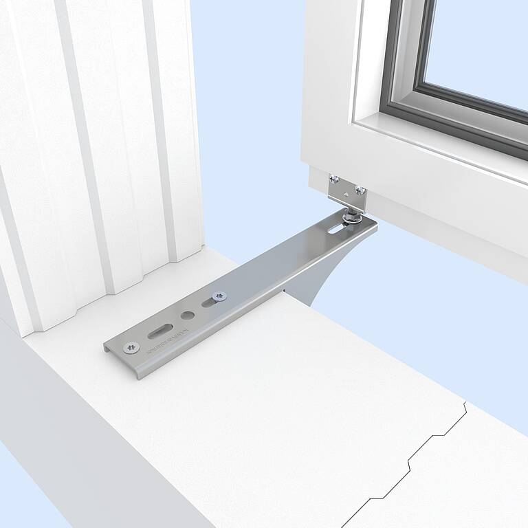 Window installation, thermal insulation, energy efficient, fastening solution, mounting, installation frame, metal anchor, cantilevered window support system, window installation system, installation console, cantilever, mounting bracket, mounting angle, mounting plate, adjustable fixing device, profiled brackets, Knelsen